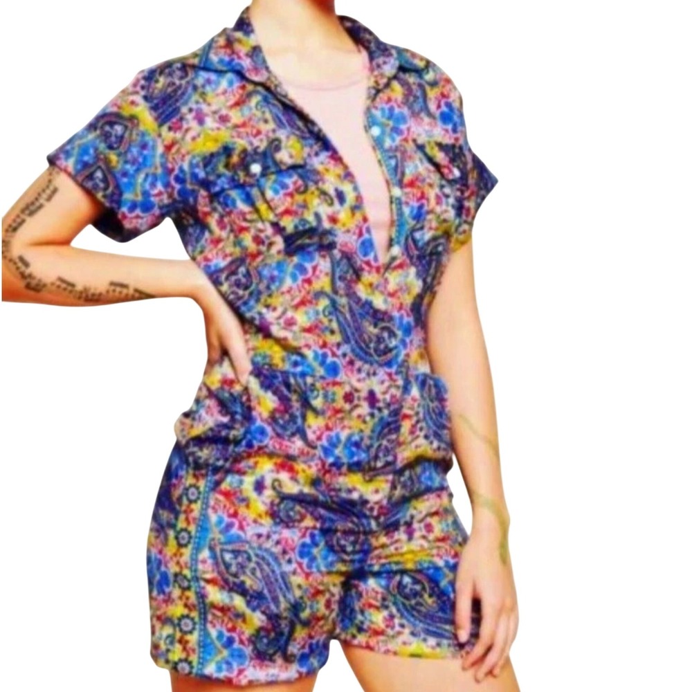 Earthbound Trading Co. Paisley Romper Silky Boho 1960's‎ style sz XXL